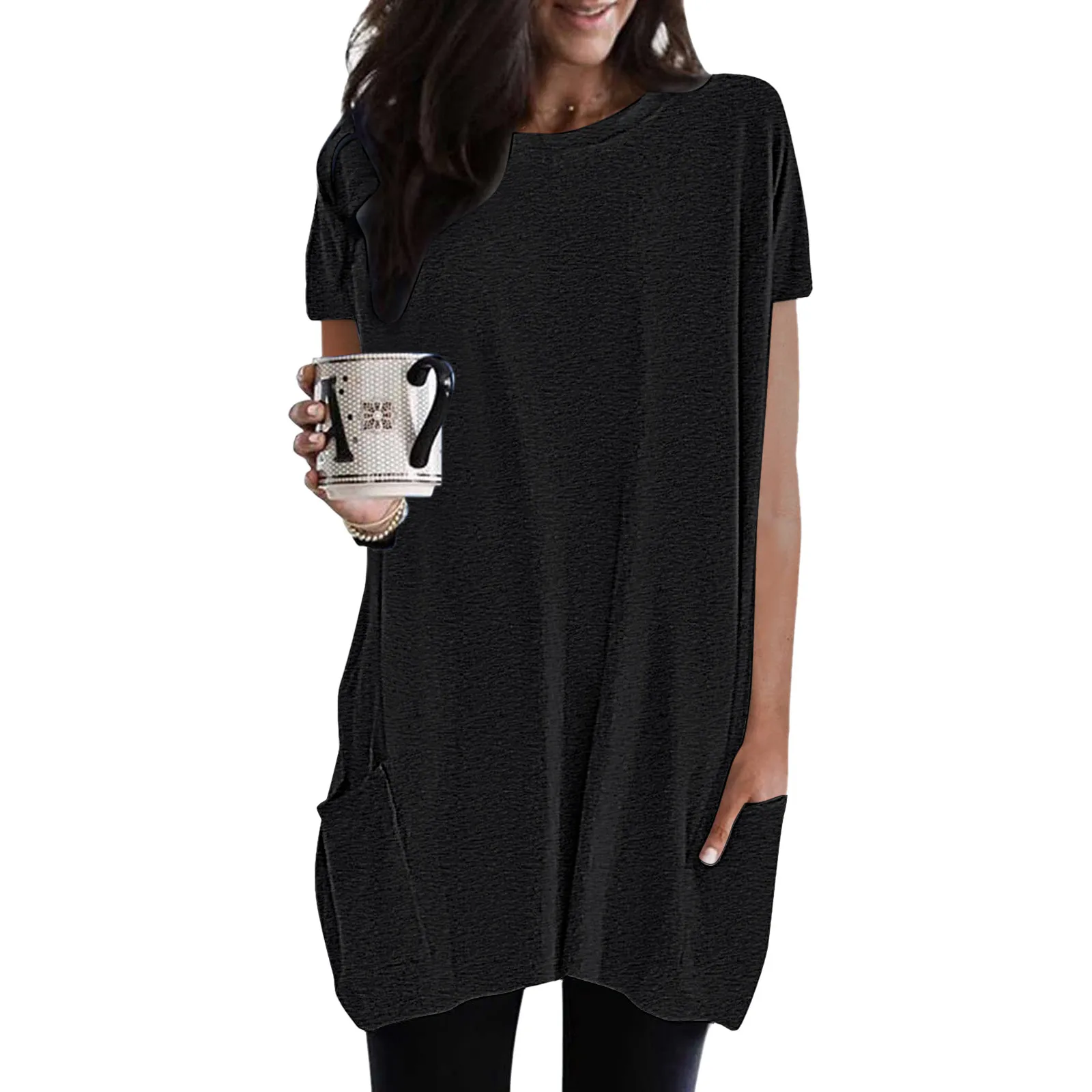 

Womens Solid Color Loose T-shirt Round Neck Short Sleeve T Shirts With Pockets Female Basic Tees Camisetas De Mujer