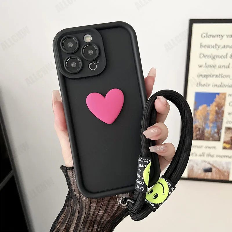 Adorable 3D Love Heart Silicone Phone Case with Lanyard Rope Cover