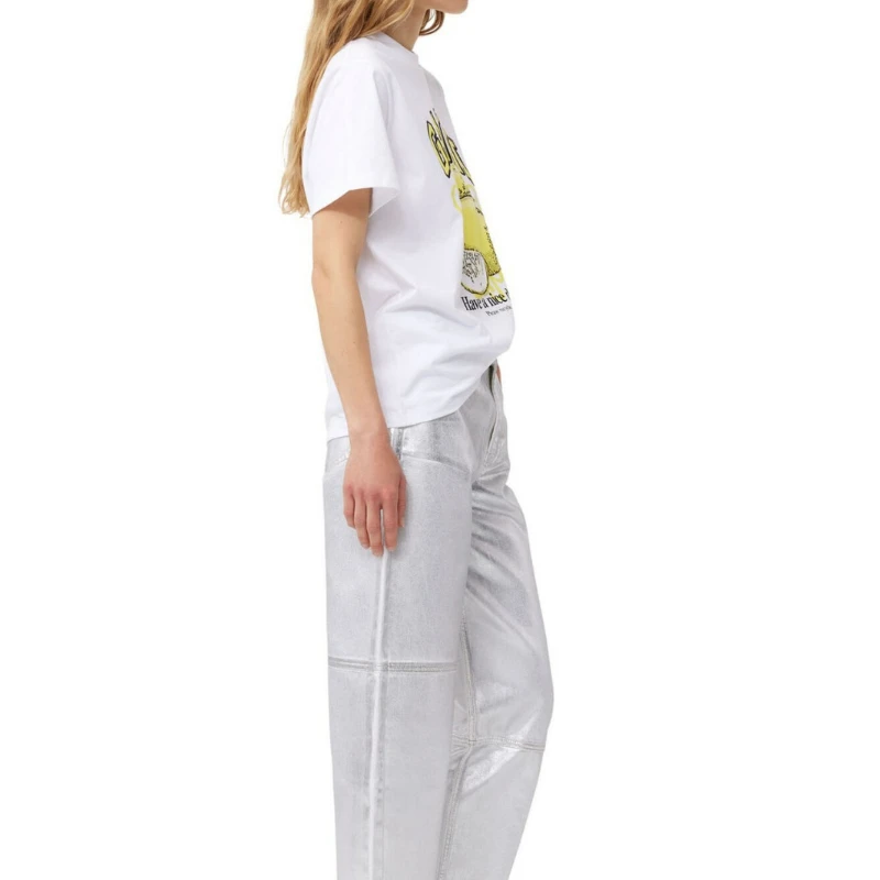 

2024 Spring and Summer New White Cotton T-shirt Lemon Pattern Printed Casual Round Neck Short-sleeved Women Top