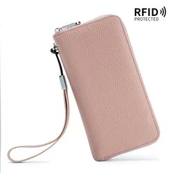 Luxury Genuine Leather RFID Wallet for Women - Elegant Long Zipper Handbag and Cardholder Purse (PINK)