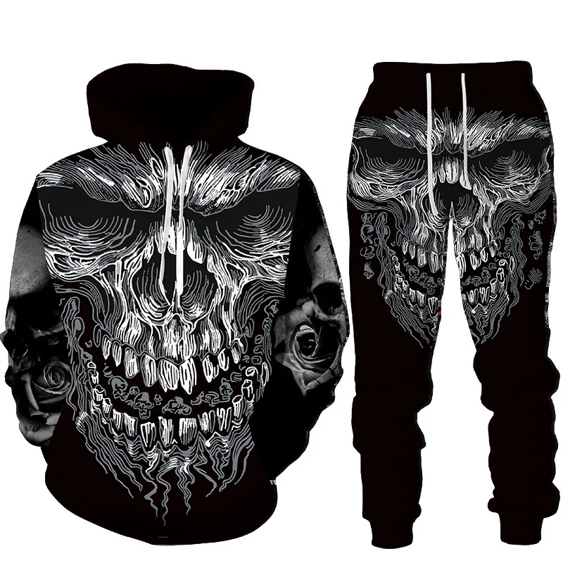 2022 Punk Skull 3D Printed Men's Sweatshirts Tracksuit Sets Unisex Streetwear Hip Hop Oversized Hoodie Pants Fashion Male Suit