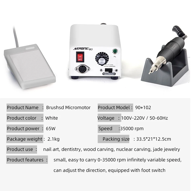 Strong 90+102 Jewelry Polishing Machine 35000 rpm Home Nail Micromotor Set Foot Care Tool 3