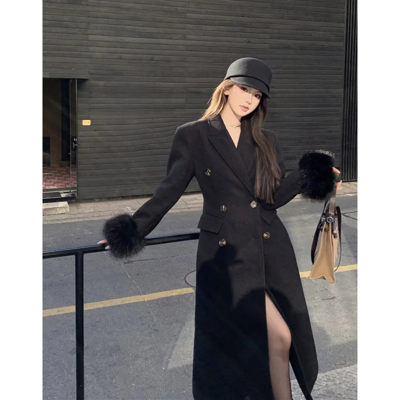 Faux Woolen Coat Women Full Sleeve Double Breasted Notched Female Long Jacket 2023 Autumn Fashion Loose Causal Lady Outwear