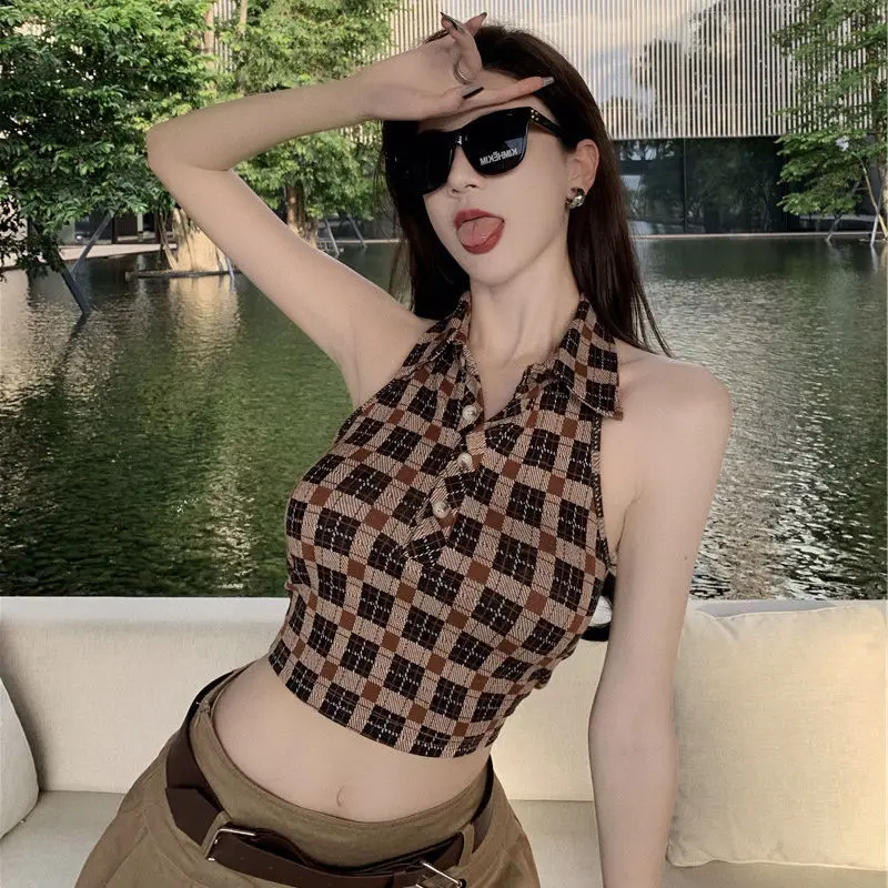 

Pure Desire Style Polo Collar Halter Top Suit Female Summer New Hot Girl Niche Short Vest High Waist Skirt