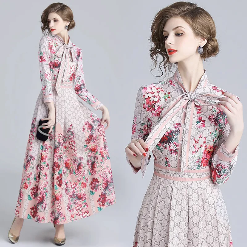

2023 new spring and summer women's dress with waist and long sleeves, printed and floating collar, temperament long dress