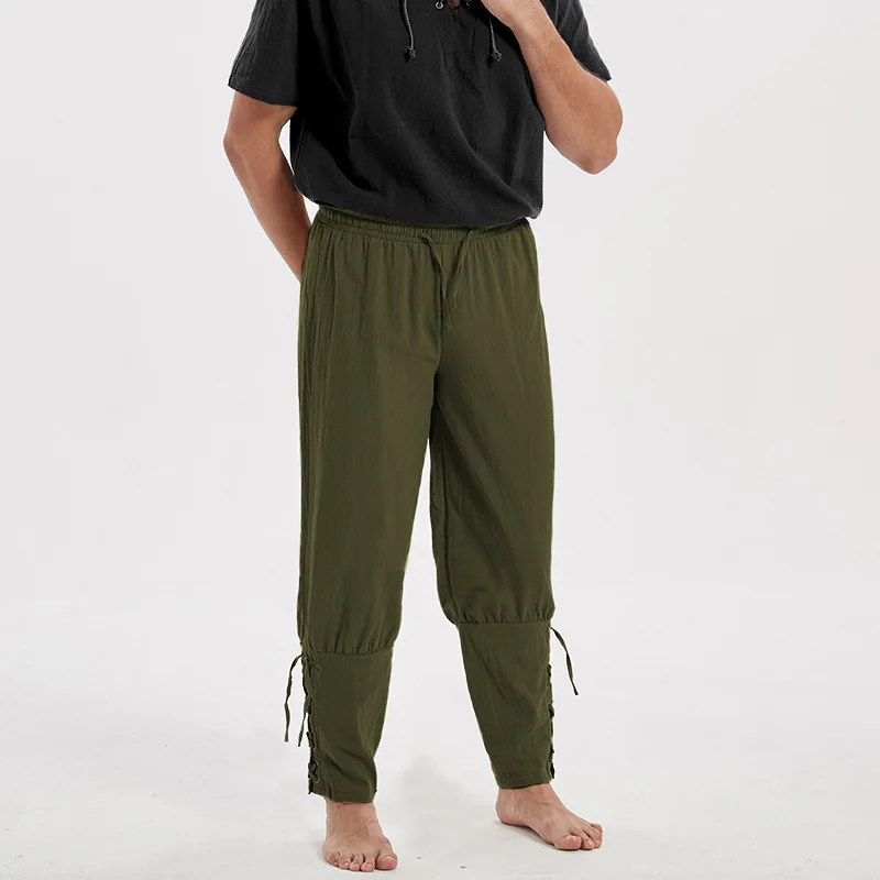 Adult Men Medieval Pirate Pants Cotton Linen Horseman Knight Costume Loose Leggings Black Navigator Leg Bandage Trouser 4