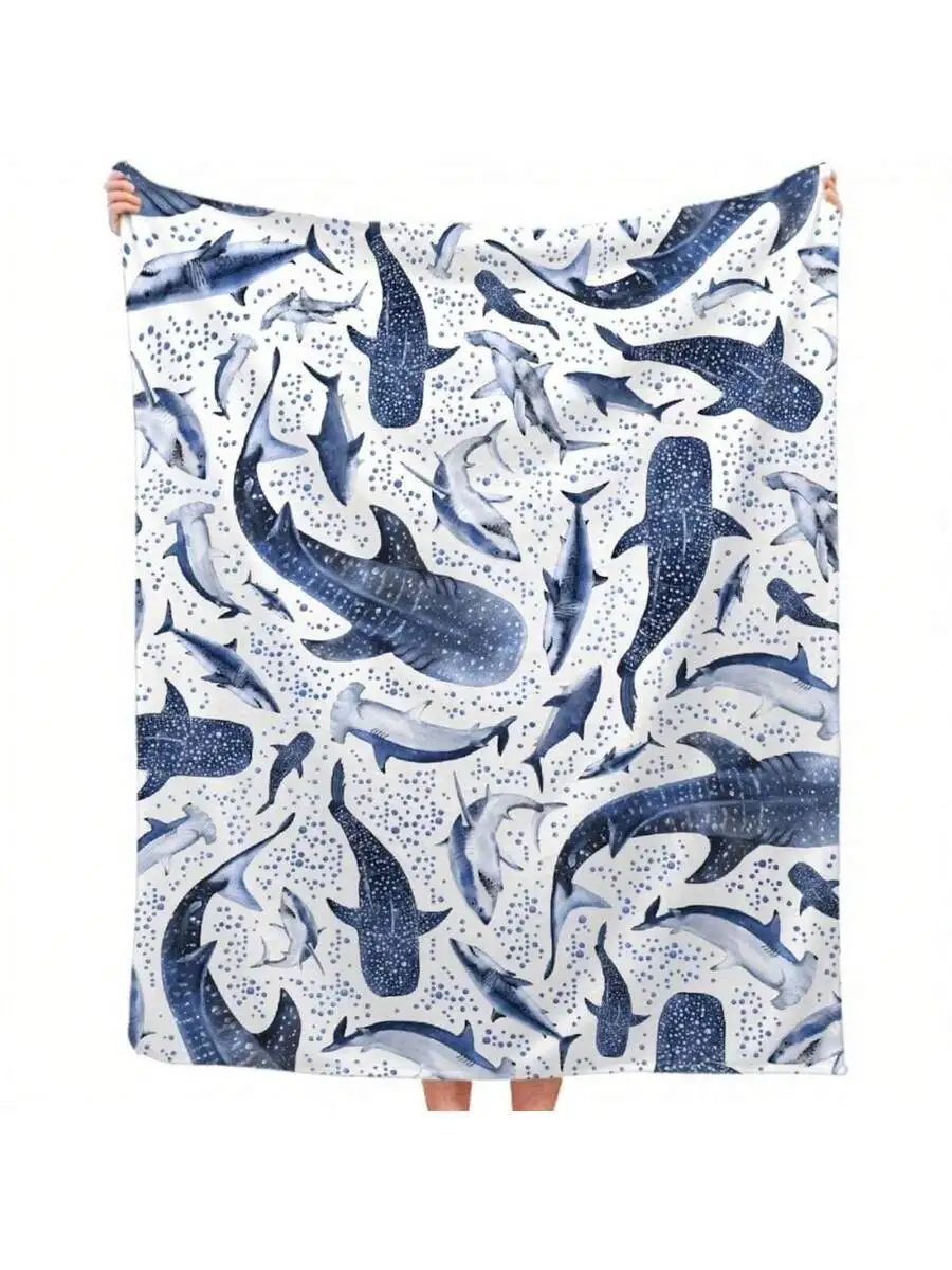 Cozy Ocean Shark Flannel Throw Blanket, Blue White Whale Print 280g/Sq.M Soft Warm Lightweight for Bed Sofa, Machine Washable