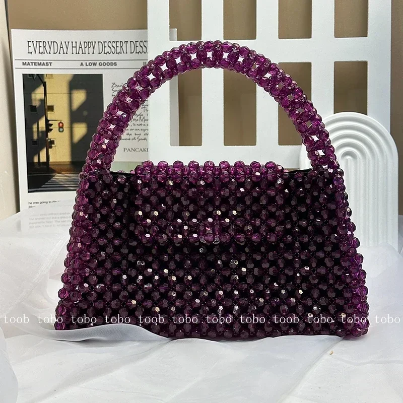 

Transparent Crystal Stone Beaded Handle Purses Designer Handmade Big Party Bag Purplish Redluxury Handbags with Inner