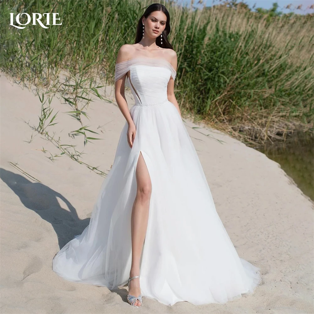 

LORIE Boho Wedding Dresses Pleated Off Shoulder A-Line High Side Slit Bridal Gowns Strapless Backless Princess Bride Dress 2024