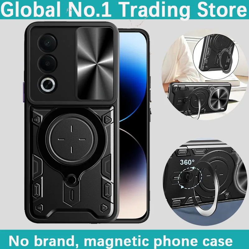 Premium Lens Slide Cover Phone Case with Rotating Magnetic Ring Holder and Durable Hard Shell Protective Cover