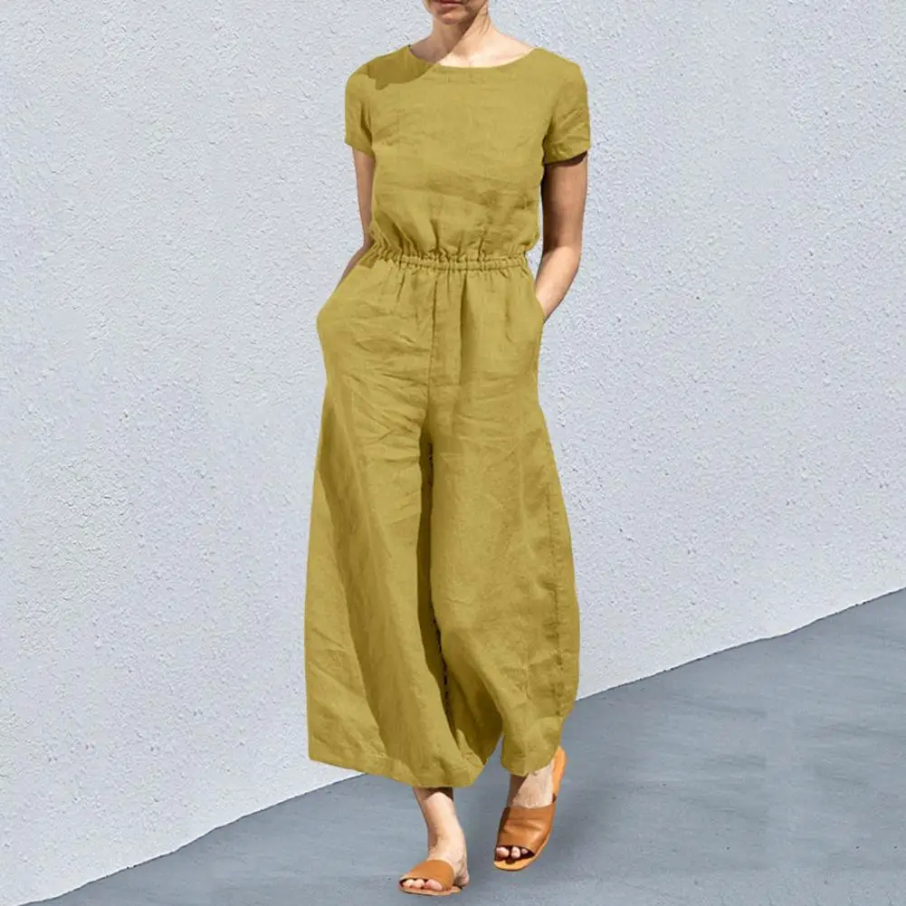 

Women Romper Washable Overall Design Female Young Girl Wide Leg Jumpsuit Round Neck 2 Pockets Women Jumpsuit for Going Out