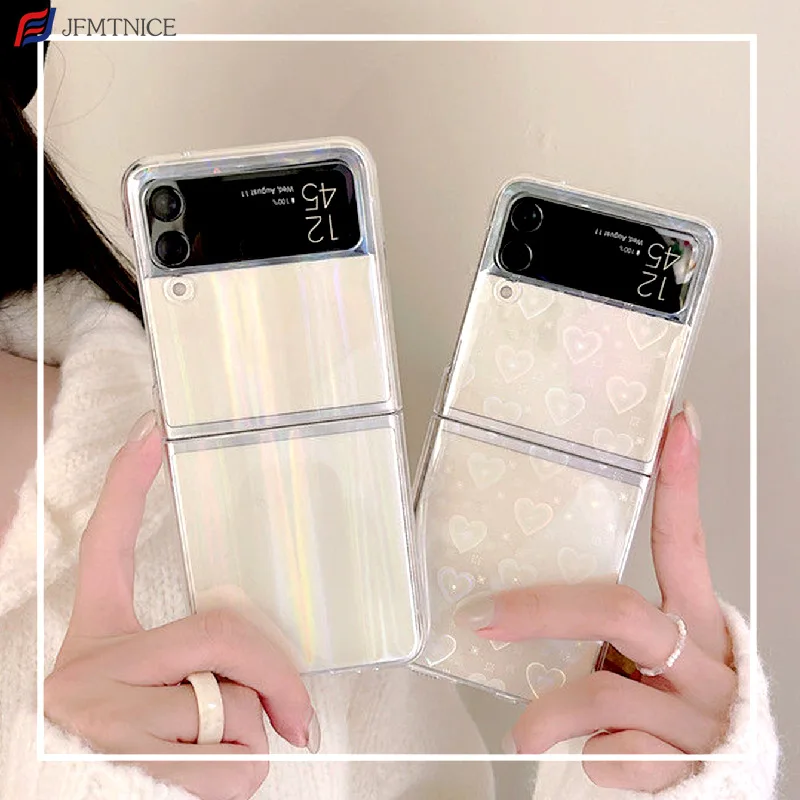 Ins Love Heart Mirror Phone Case Per Samsung Galaxy Z Flip 4 5G Flip 3 Z3 Laser Antiurto Aurora Clear Cover Samsung Z Flip 3