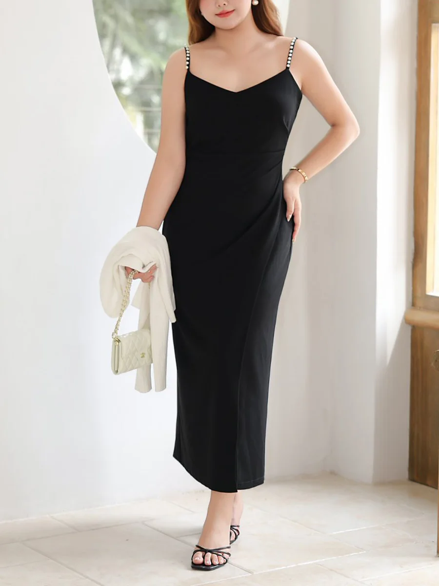 Premium Slim Pleated Waist V-neck Dress Plus Size Women Wedding Birthday Front Slit Pearl Spaghetti Strap Dresses 9235