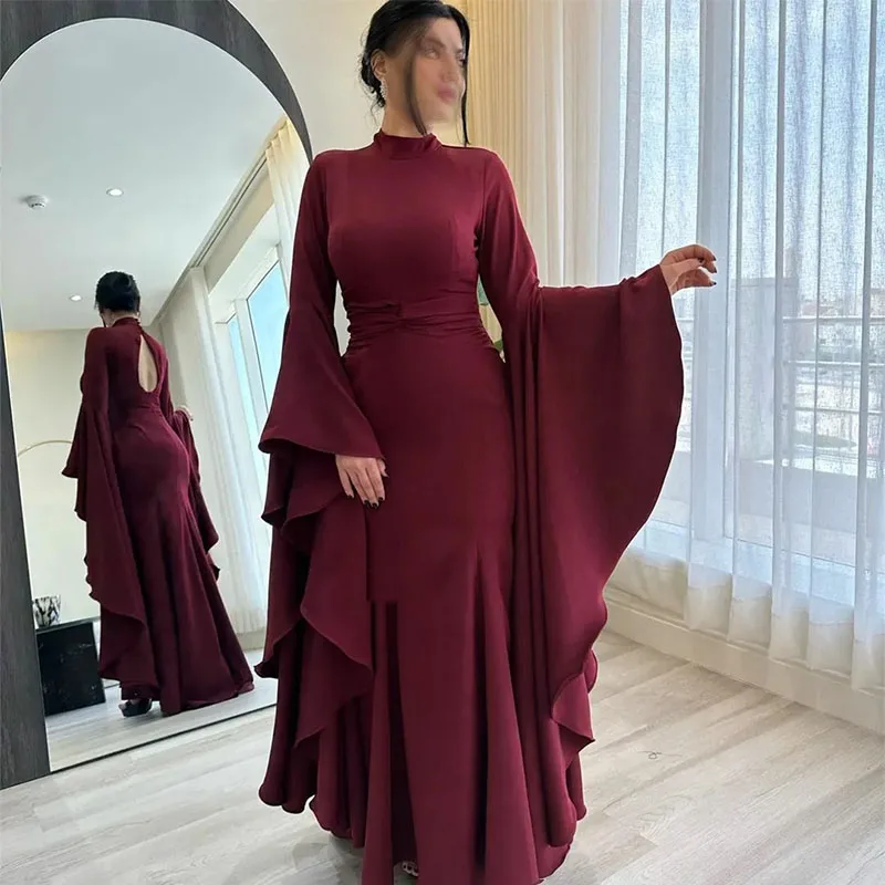 

Elegant Long Burgundy Evening Dresses Mermaid High Neck Floor Length Muslim Ruffles Formal Party Gown for Women