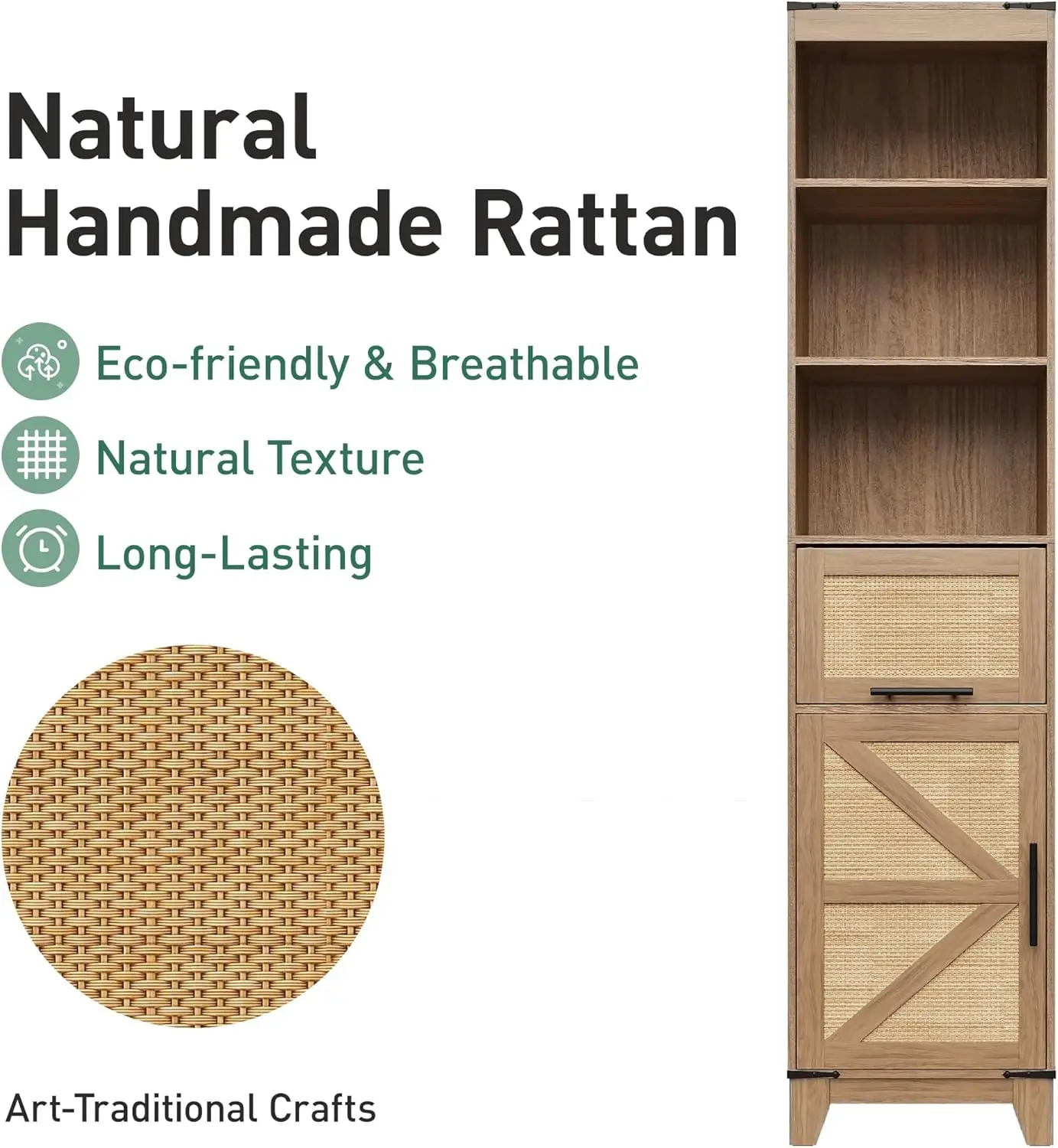 Rattan Bathroom Cabinet, Farmhouse Storage Cabinet with Adjustable Shelves & Drawer, Tall Narrow Cabinet for Bathroom, Kitchen