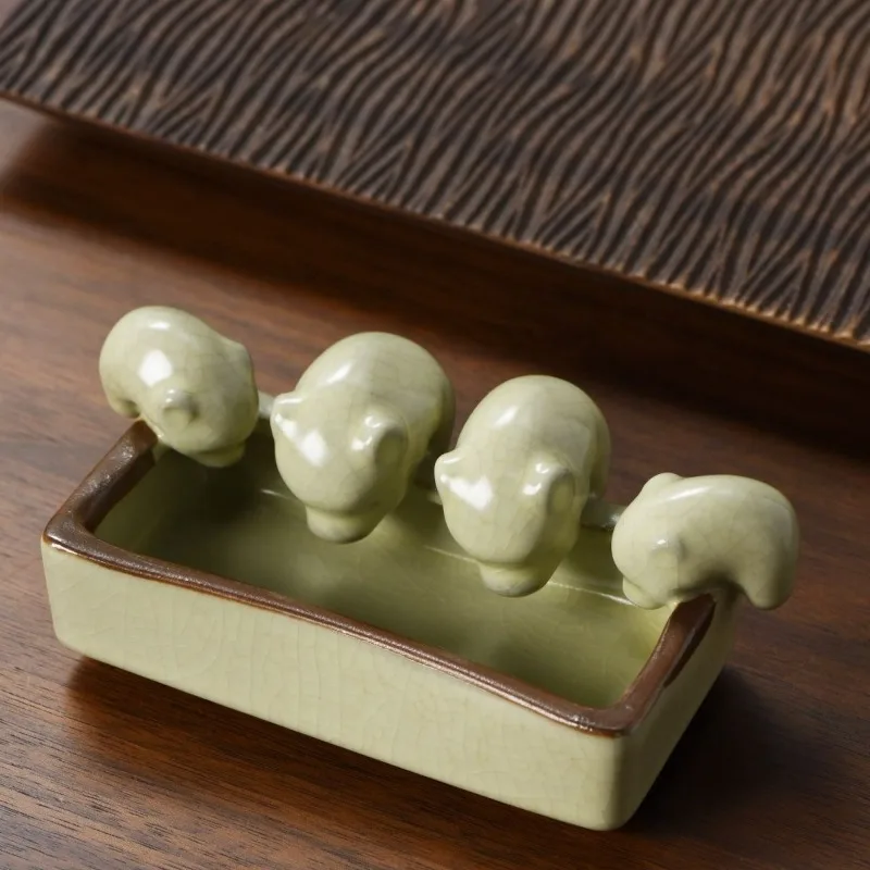 Ru Kiln Tea Pet Set 4 Adorable Crackle Glaze Pigs Maintainable Figurines for Kung Fu Tea Ceremony Wealth and Abundance Decor