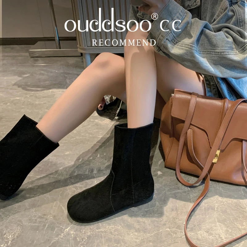 

ODS Leisure Round Toe Women Short Boots Low Heels Cow Suede Leather Casual Ankle Boots Spring Autumn Four Season Shoes Woman