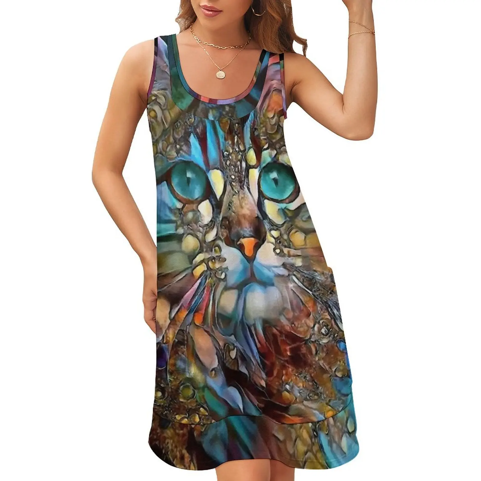 

Andyna, cat, chat, cat, lea roche paintings Sleeveless U-Neck Fake Two Piece Dress Woman's evening dress Women's dresses
