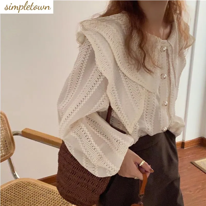 Spring and Summer New Gentle Design Fashion Flip Collar Unique Shirt Loose Lantern Sleeve Shirt Women's Top