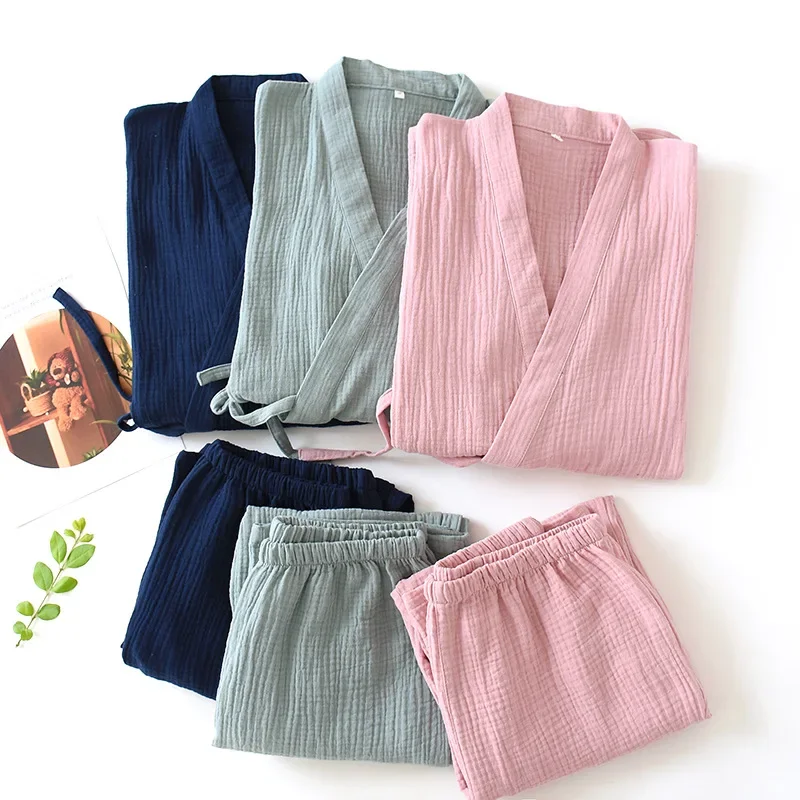 Summer Woman Japanese Couples Pajamas Thin Cotton Gauze Crepe Kimono Yukata Homewear Short Sleeve Sleepwear Loose Nightgown
