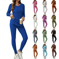 Plus Size Casual Outfits Sets Women's Plus Solid Ribbed Long Sleeve Round Neck Split Hem Top & Pants Outfits 2 Piece Set - Image 2