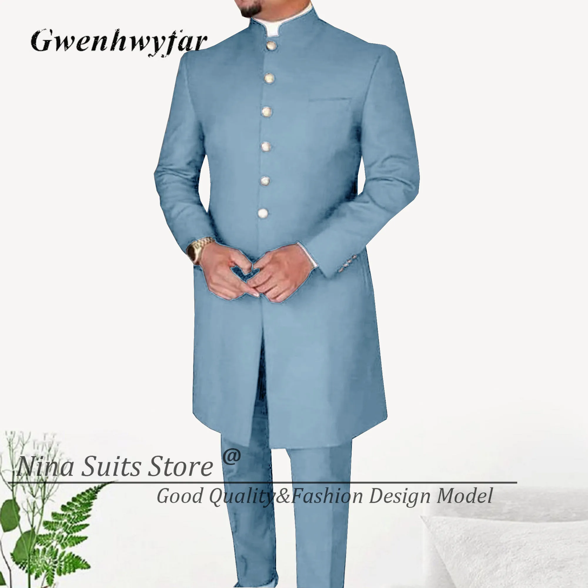 G&N New Men Suits African Long Jacket Grey Elegant Gold Buttons Groomsmen Party Man Formal Costume 2 Pieces Male Tuxedos