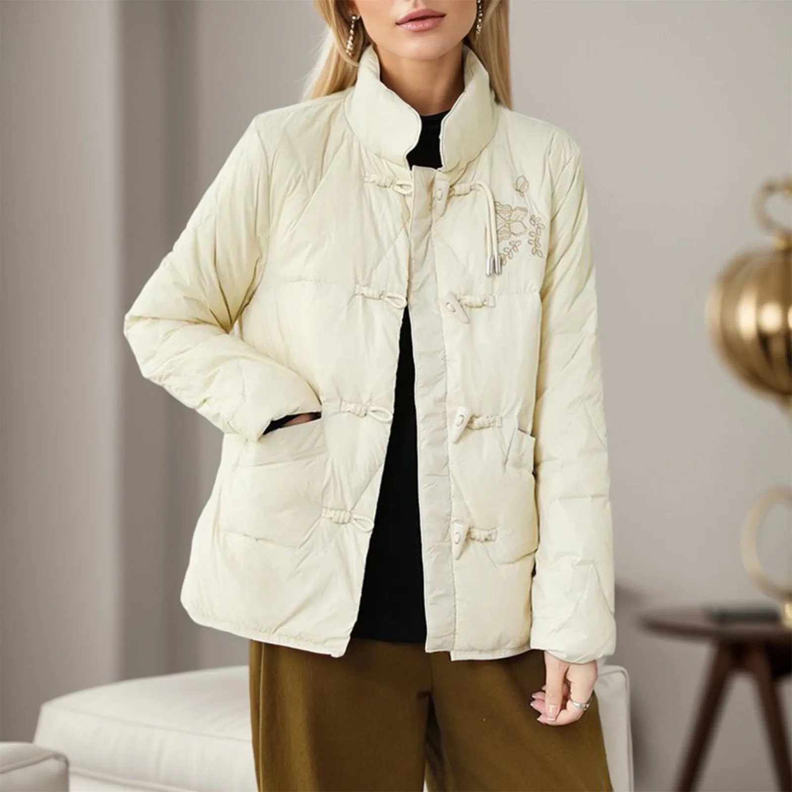 

Women Long Solid Color Jacket Down Standing Collar Striped Zipper Pocket Cotton Jacket Knitwears Women clothes