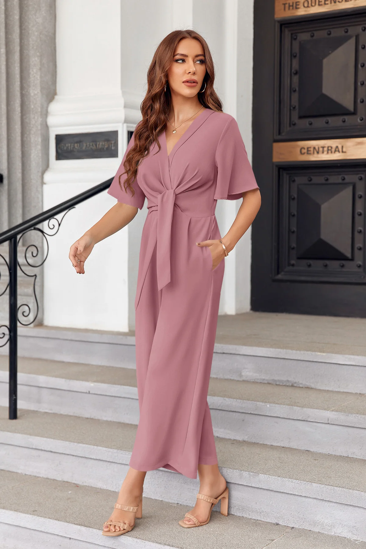 Women's Wide Leg Jumpsuits Summer Elegant Sweet Solid Loose V-neck Flared Short Sleeved Straight Pants Tie Knot Front Romper