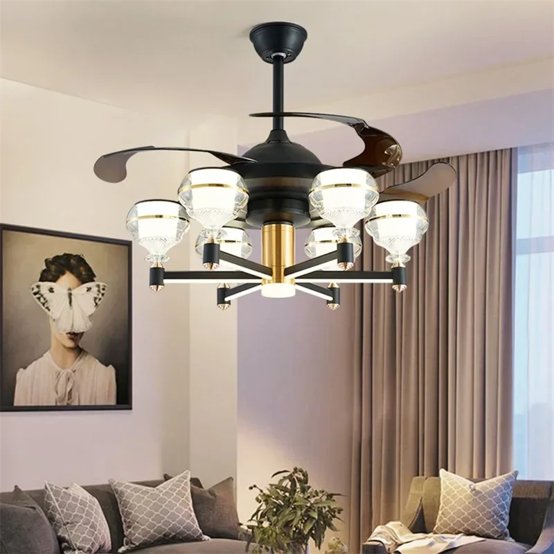 GISELLE Ceiling Fan With LED Light Black Remote Control 220V 110V Home Decorative For Living Room Bedroom Restaurant