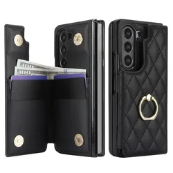 Luxurious Leather Ring Wallet with Card Holder & Kickstand - Shockproof Phone Case for Galaxy Z Fold7 (Black)