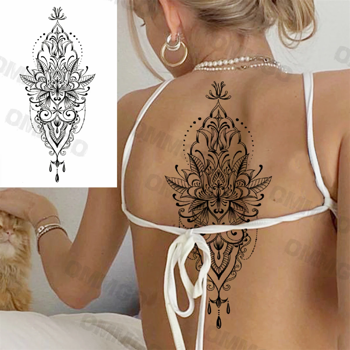 3D Black Mandala Moon Pendant Temporary Tattoos For Women Adult Girl Lotus Rose Flower Fake Tattoo Back Arm Chest Washable Tatoo