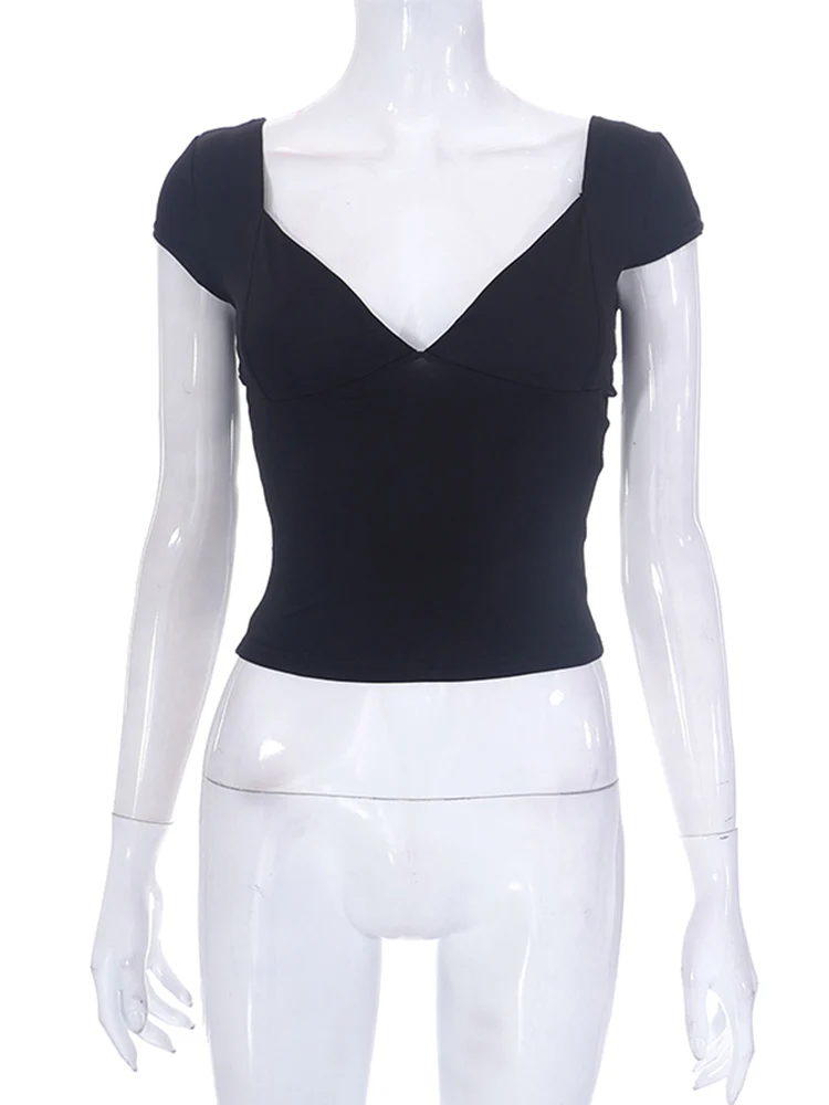 Tops for Women Fairy Grunge Clothes Sweet Solid Color V Neck Short Sleeve Tanks 2000s Aesthetic T Shirt Streetwear