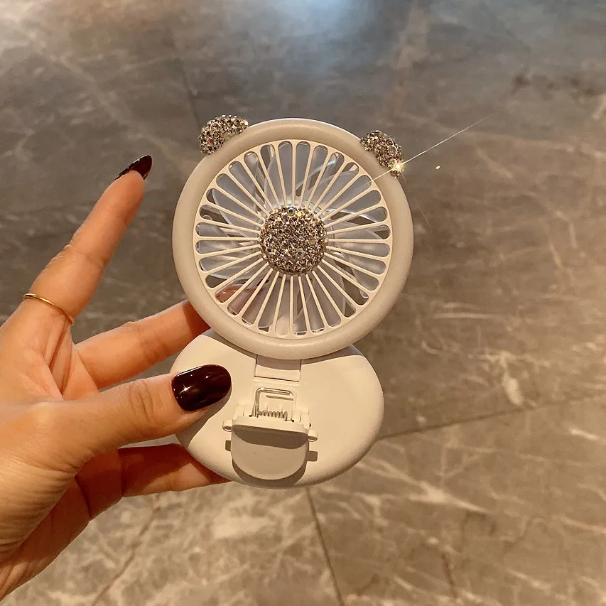 

Rhinestones USB Mini Wind Power Handheld Clip Fan Portable Rechargeable LED Light Student Fan Small Cooling Ventilador