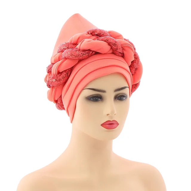 Turbans for Women Pleated Beanie Headwrap African Hat Arab Wrap Muslim Scarf Hijabs Hair Aso Oke Auto Gele Readymade to Wear Cap 023