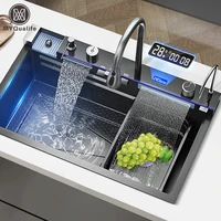 304 Stainless Steel Waterfall Kitchen Sink Large Single Slot Integrated Digital Display Faucet Set Soap Dispenser Cup Washer 1