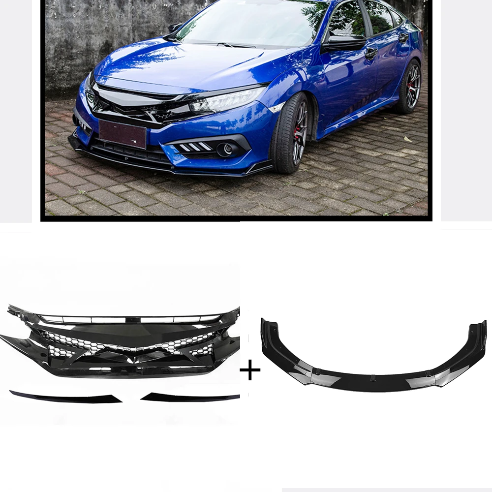 

Front Upper Grill Hood Grille Mesh & Lower Spoiler Bumper Splitter Lip For Honda Civic 2016 2017 2018