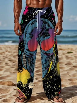 2026 Men's Printed Straight Leg Pants Vibrant Abstract Design Drawstring Waist Loose Fit Summer Beach Casual Fashion Pants