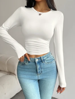 Women's long sleeved short top with waist cinching and slim fit round neck T-shirt for spring and autumn daily basic style 1