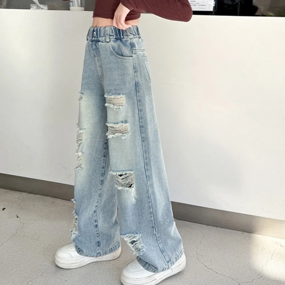 소프트 찢어진 와이드 어린이 청바지 루즈 레그 하이 웨이스트 블루 십대 소녀 청바지 스트레이트 스트리트웨어 소녀 데님 바지 소녀 선물