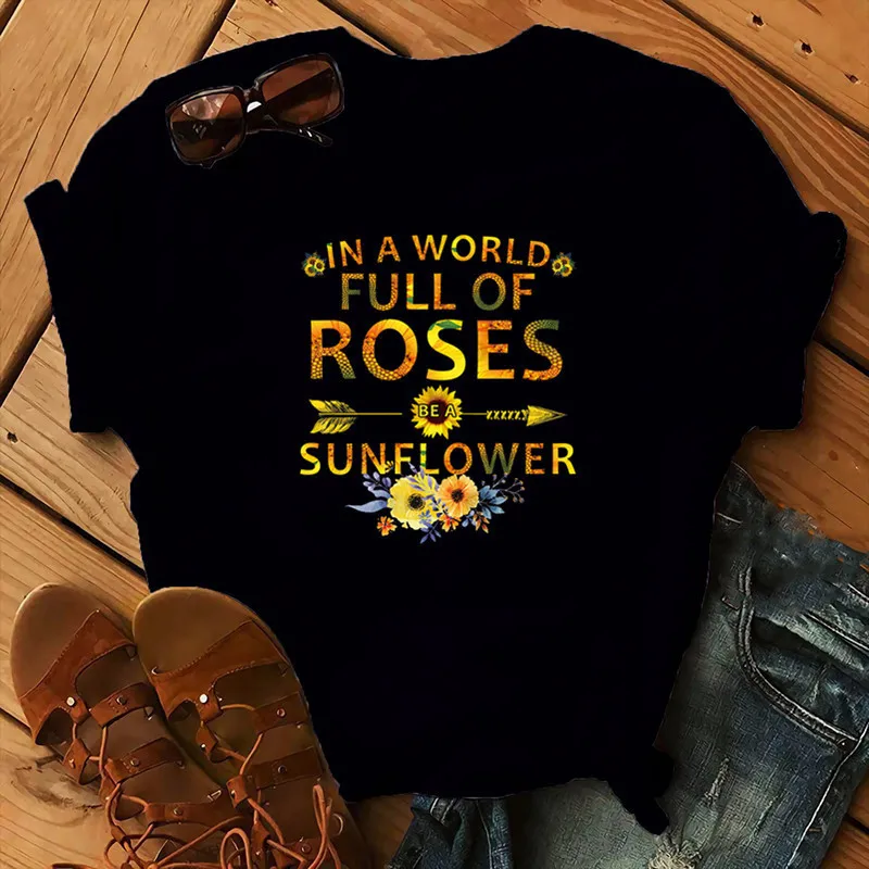 

Женская футболка с надписью «Full of Roses», свободная женская футболка с коротким рукавом и круглым вырезом, Дамская Футболка, топы, одежда, женс...