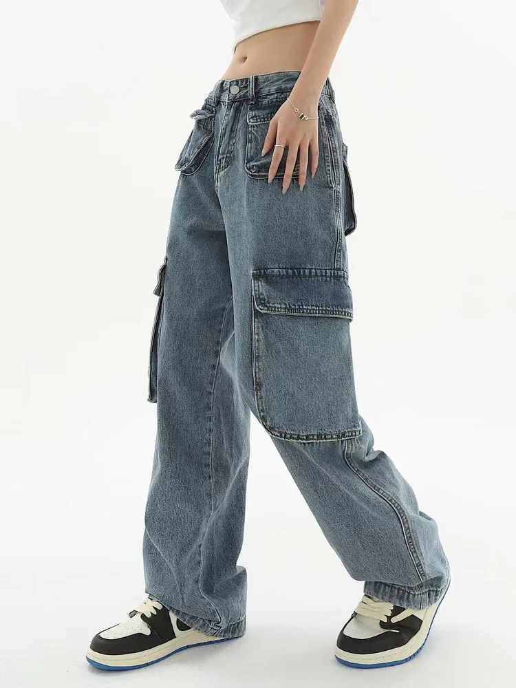 

American Hiphop Multiple Pockets Vintage Blue Jeans Womens Spring Summer Street Style Casual Fashion Straight Trousers Female