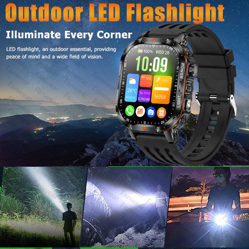 2026 야외용 군용 스마트워치 남성용 1600mAh 배터리 대기시간 200일 LED 손전등 170+ 스포츠 모드 블루투스 건강 시계