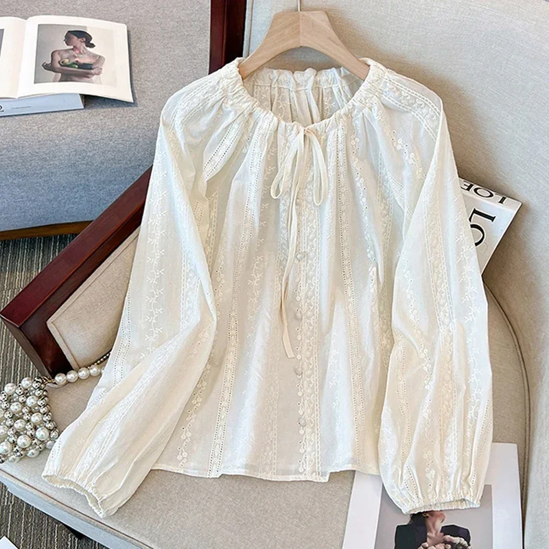 

Embroidery Lace-up O-neck Women Blouse Korean Style Loose Sleeve Shirt Woman Elegant Hollow Office Lady Tops Blusas Mujer 29515