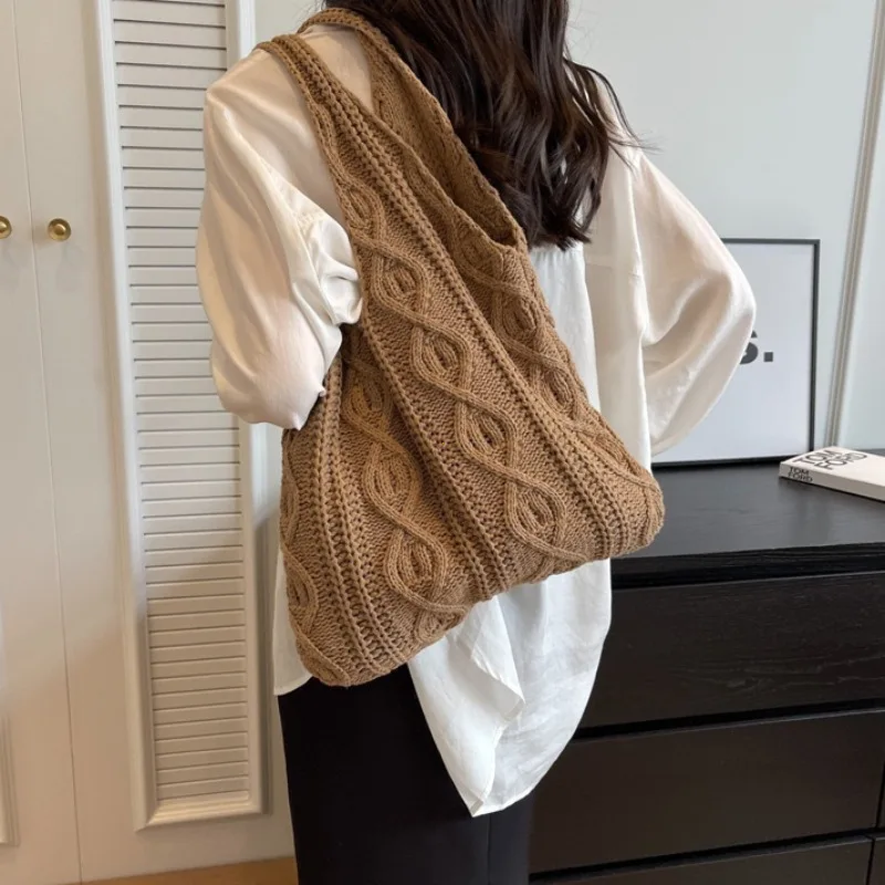 Women's Wool Knitted Handbags Vintage Cotton Shopping Bags Women's Large Handbags CroChet Shoulder bag 2024 new