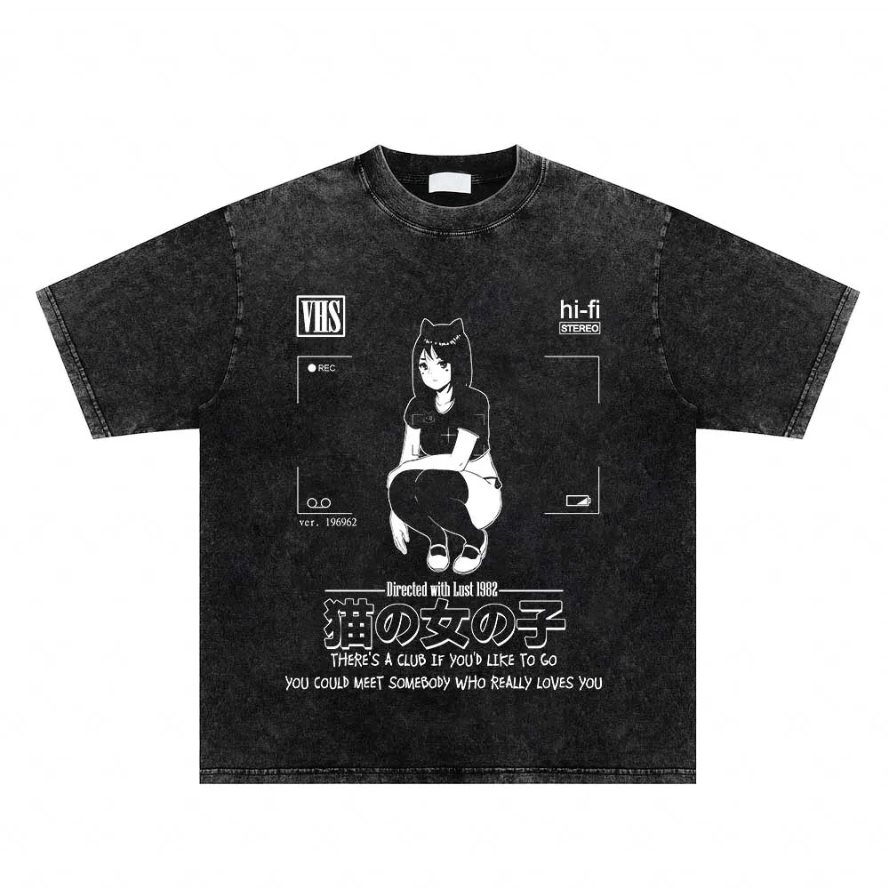 

2023 Harajuku Hip Hop Cat Girl Graphic Print T Shirt Streetwear Summer Men Tees Washed Casual Cotton Oversized T Shirts