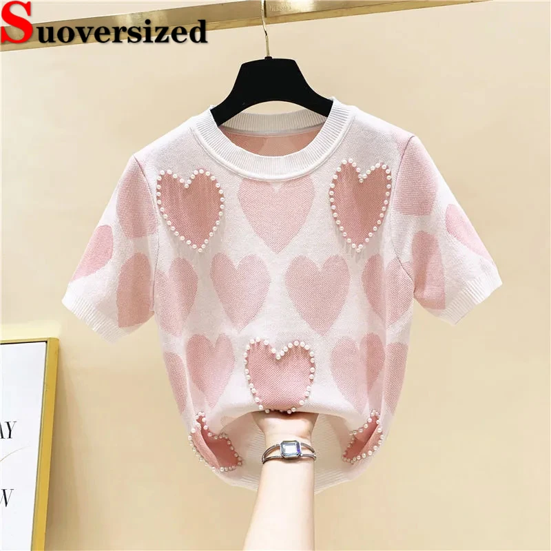 

Летняя Тонкая Вязаная футболка, женские свободные футболки с бисером и надписью Love, топы большого размера 5xl с коротким рукавом и круглым вырезом, повседневные футболки Malhas