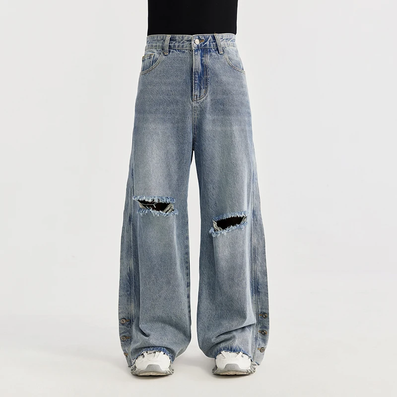 High Quality Men Ripped Jeans Vintage Blue Wide Leg Denim Pants Side Button Patchwork Hip Hop Spring Streetwear Baggy Trouser
