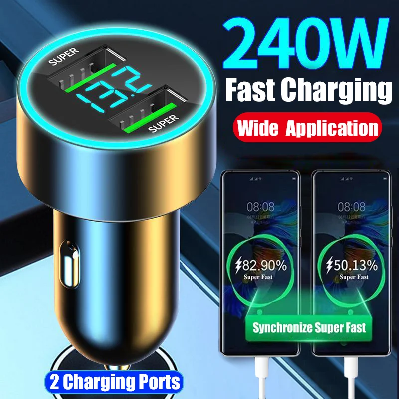 

240W Car Charger Fast Charging 2 USB Ports Adapter for IPhone Samsung Xiaomi Quick Charging Chargers with Digital Display