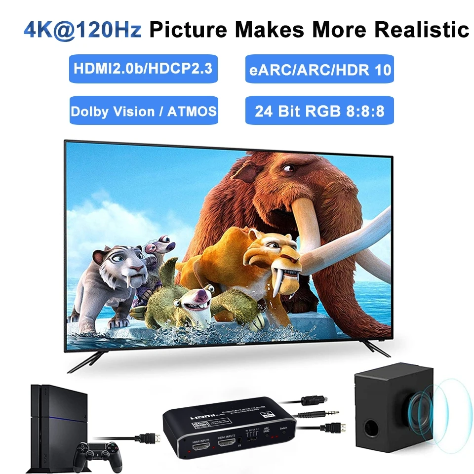 2x1 4K 120Hz HDMI Switch eARC Audio Extractor ARC Optical Toslink HDMI 2.0 Switch 4K 60Hz HDMI Switcher Fernbedienung für Apple TV PS4 – Detail 7