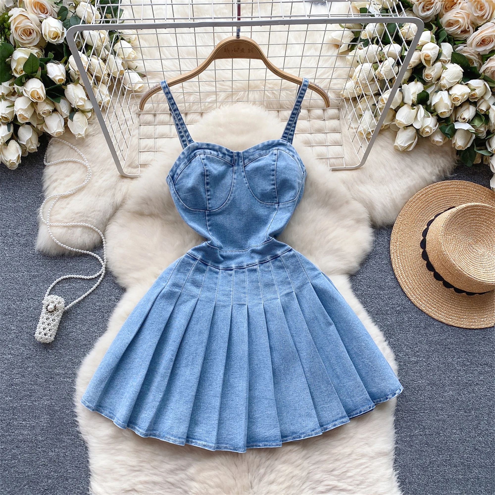 

Retro Dresses for Women Spaghetti Strap Pleated Solid Color Denim Dress Korean Style Sleeveless Vestidos Mujer Summer Dropship